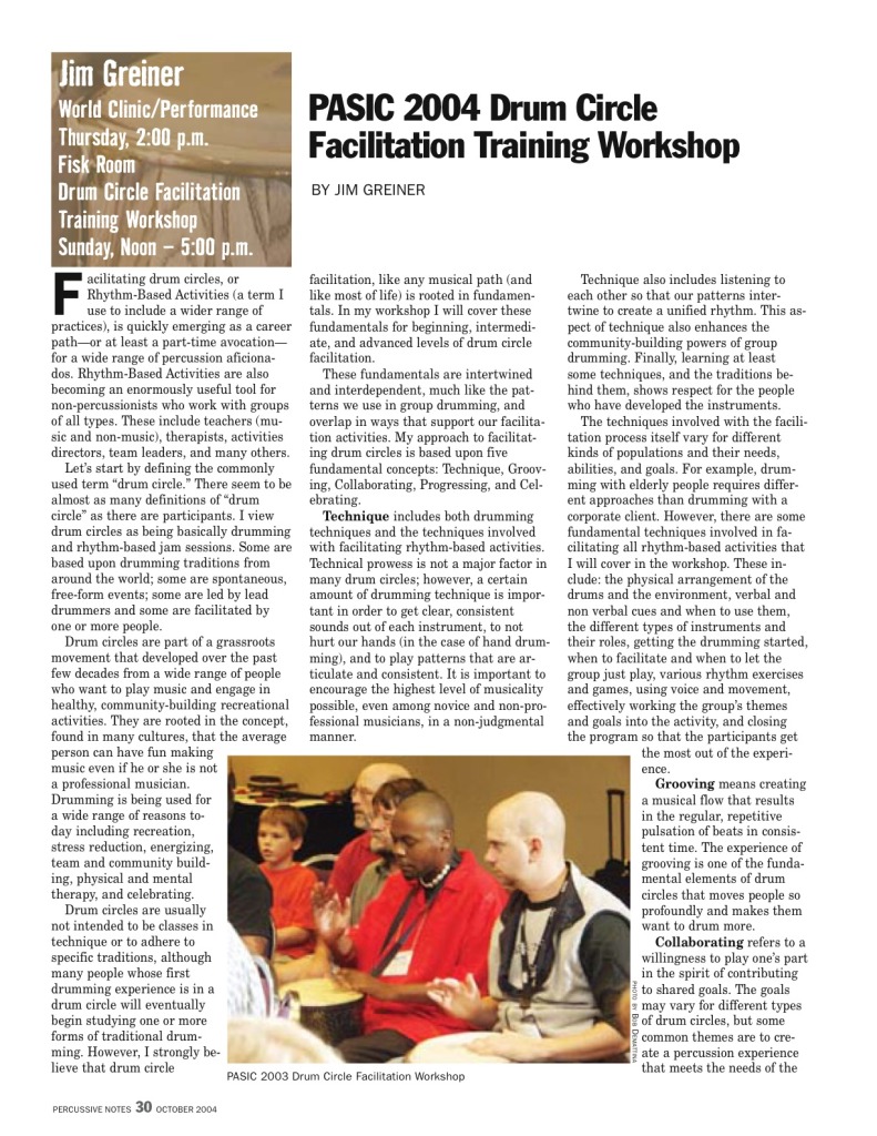 PAS article about Jim Greiner's Drum Circle Facilitation Workshop